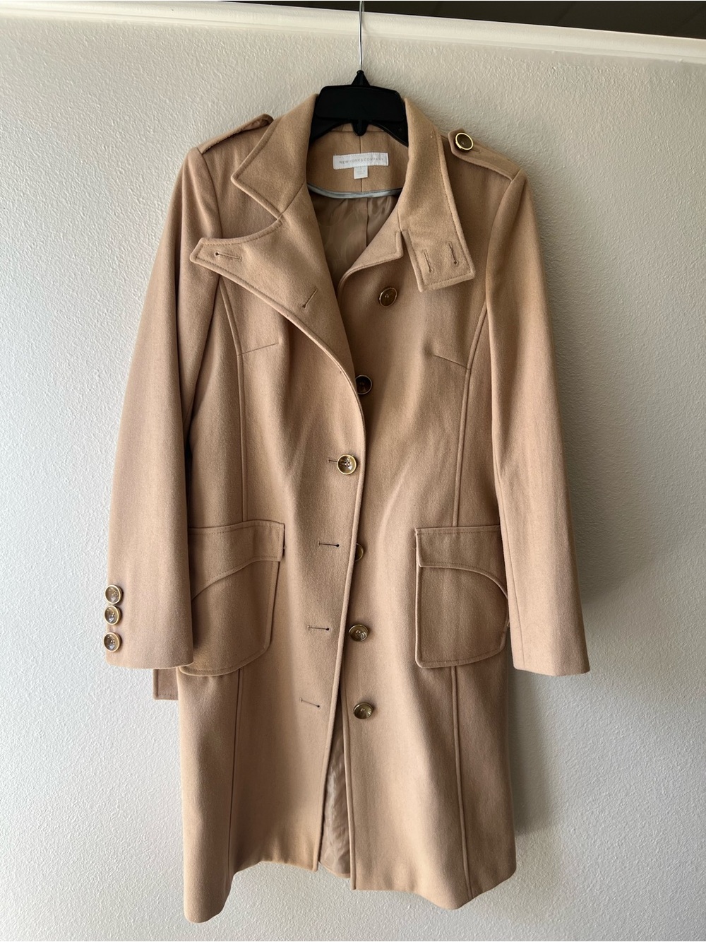 New York & Company Camel Trench Coat with Gold Buttons
